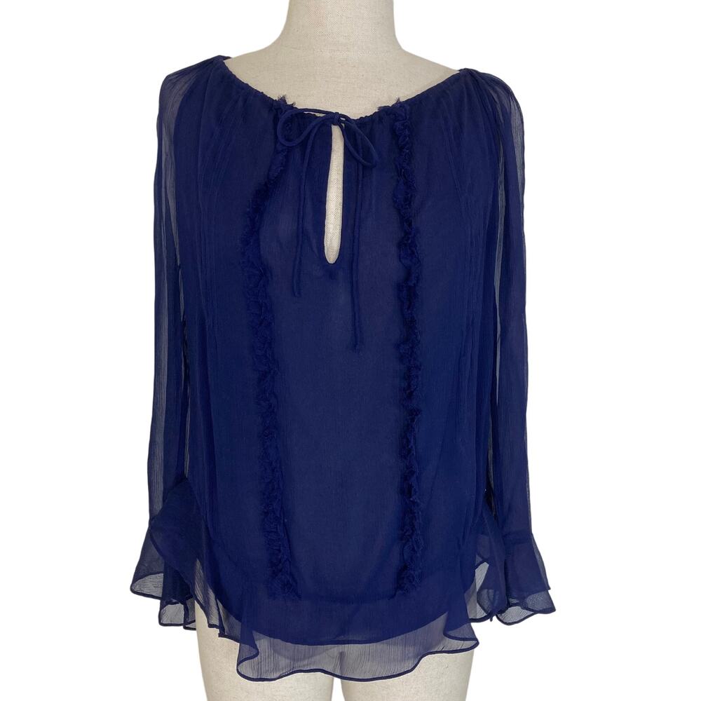 Diane von Furstenberg silk blouse Simonia Womens size 2 navy ruffled chiffon top - Picture 2 of 14